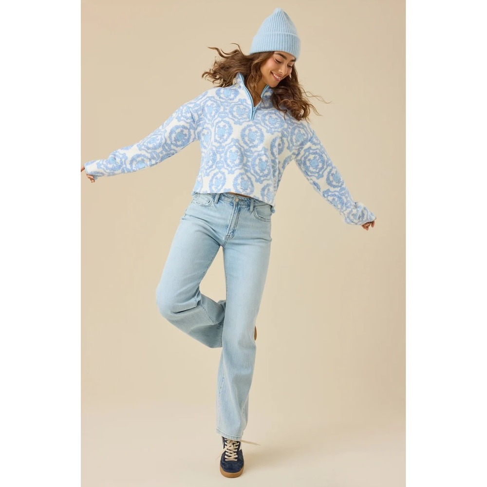 Altar'd State Blue Ivory Floral Medallion Quarter Zip Fleece Pullover Size Small